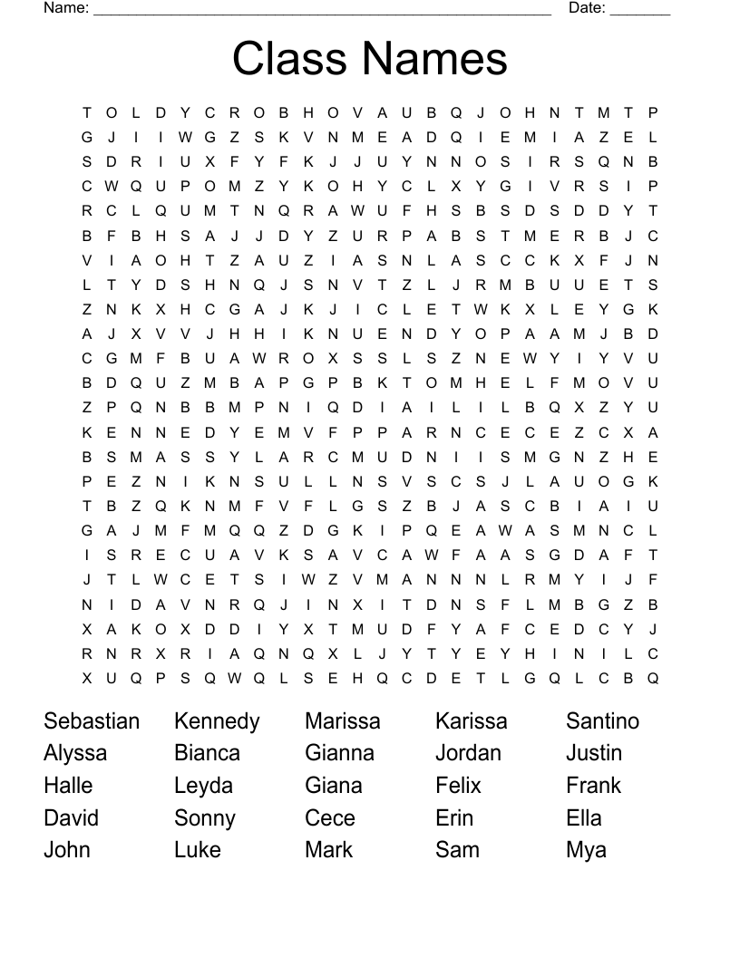 Class Names Word Search WordMint