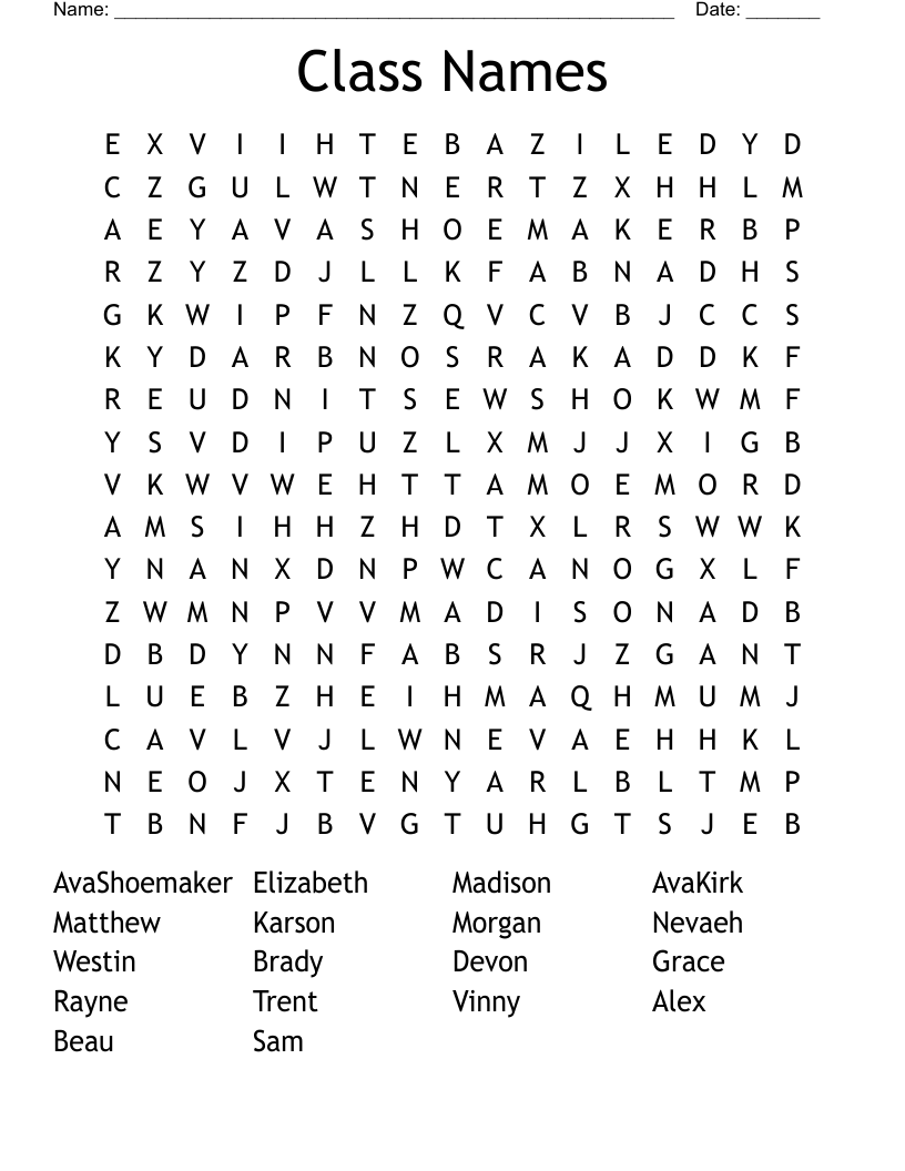 Class Names Word Search WordMint