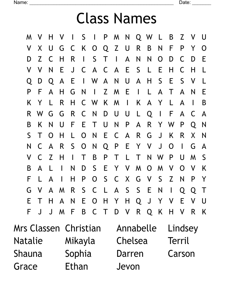 Class Names Word Search WordMint