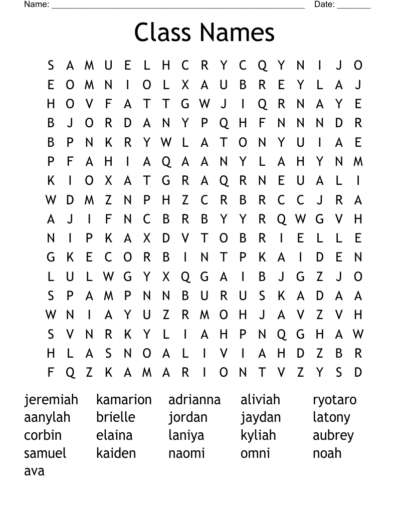 Class Names Word Search WordMint