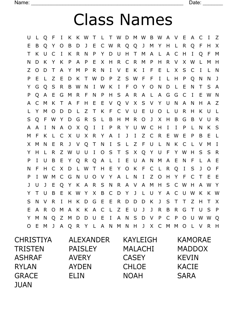 Class Names Word Search WordMint