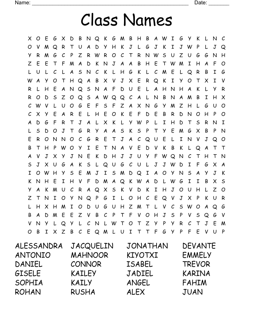 Class Names Word Search WordMint
