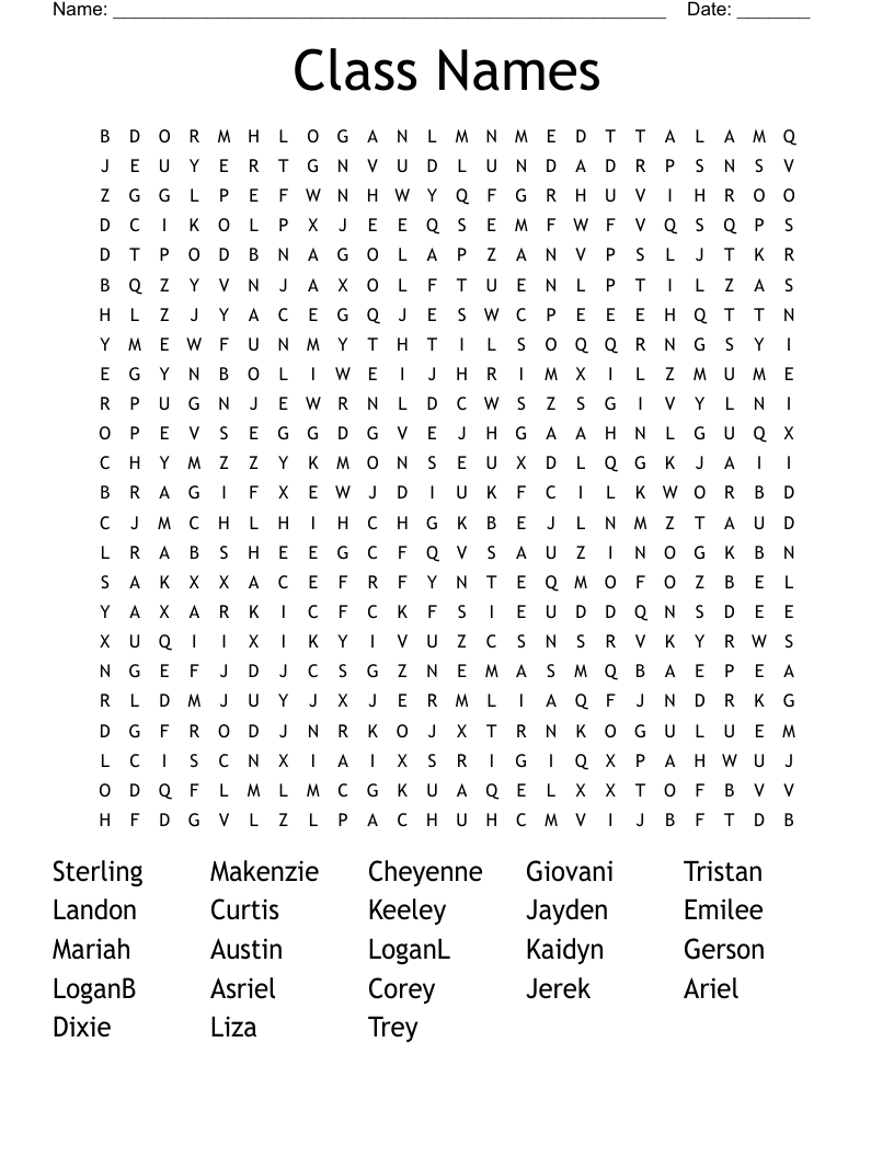 Class Names Word Search WordMint