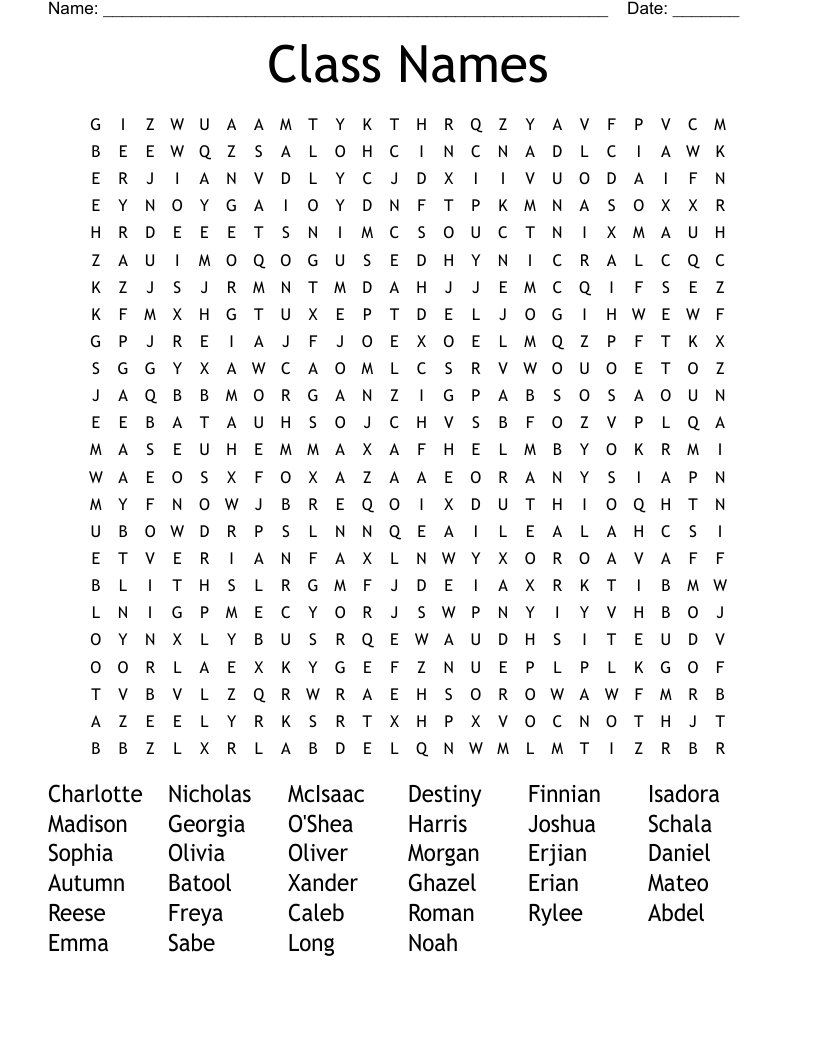 Class Names Word Search WordMint