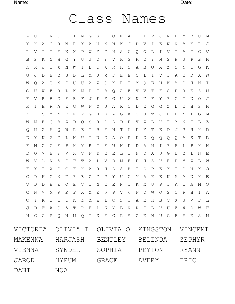 Class Names Word Search WordMint
