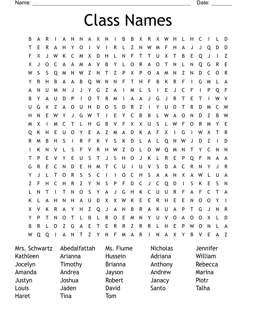 Class Names Word Search WordMint