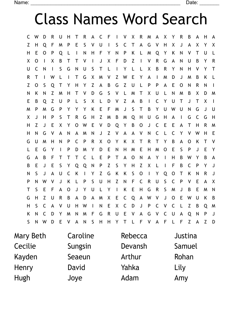 Class Names Word Search WordMint