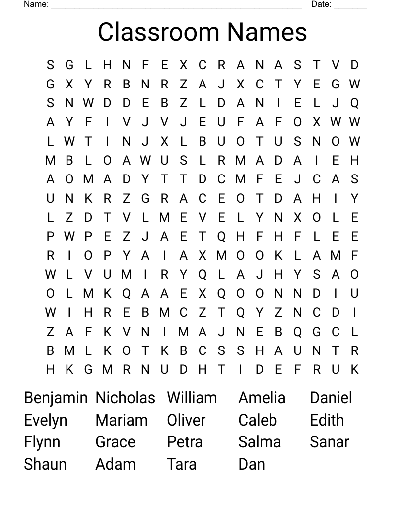 Classroom Names Word Search WordMint
