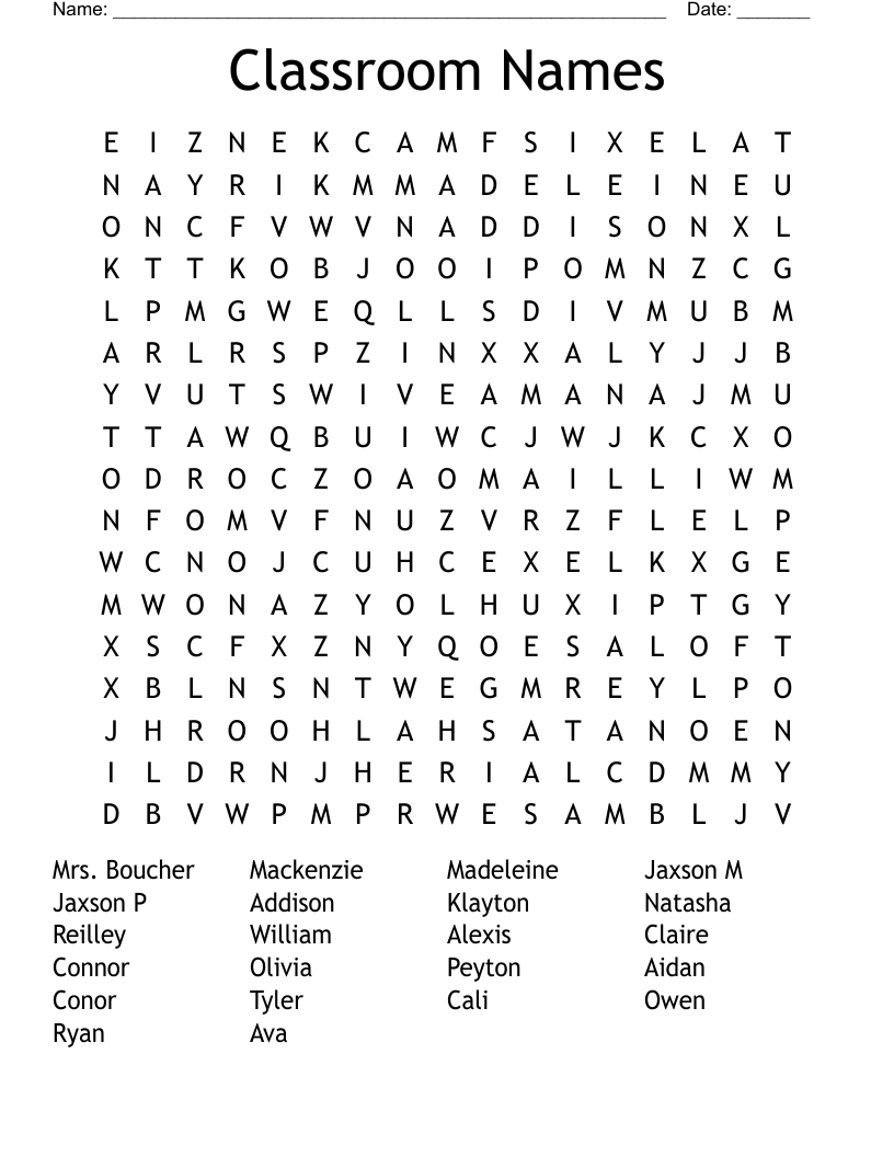 Classroom Names Word Search WordMint