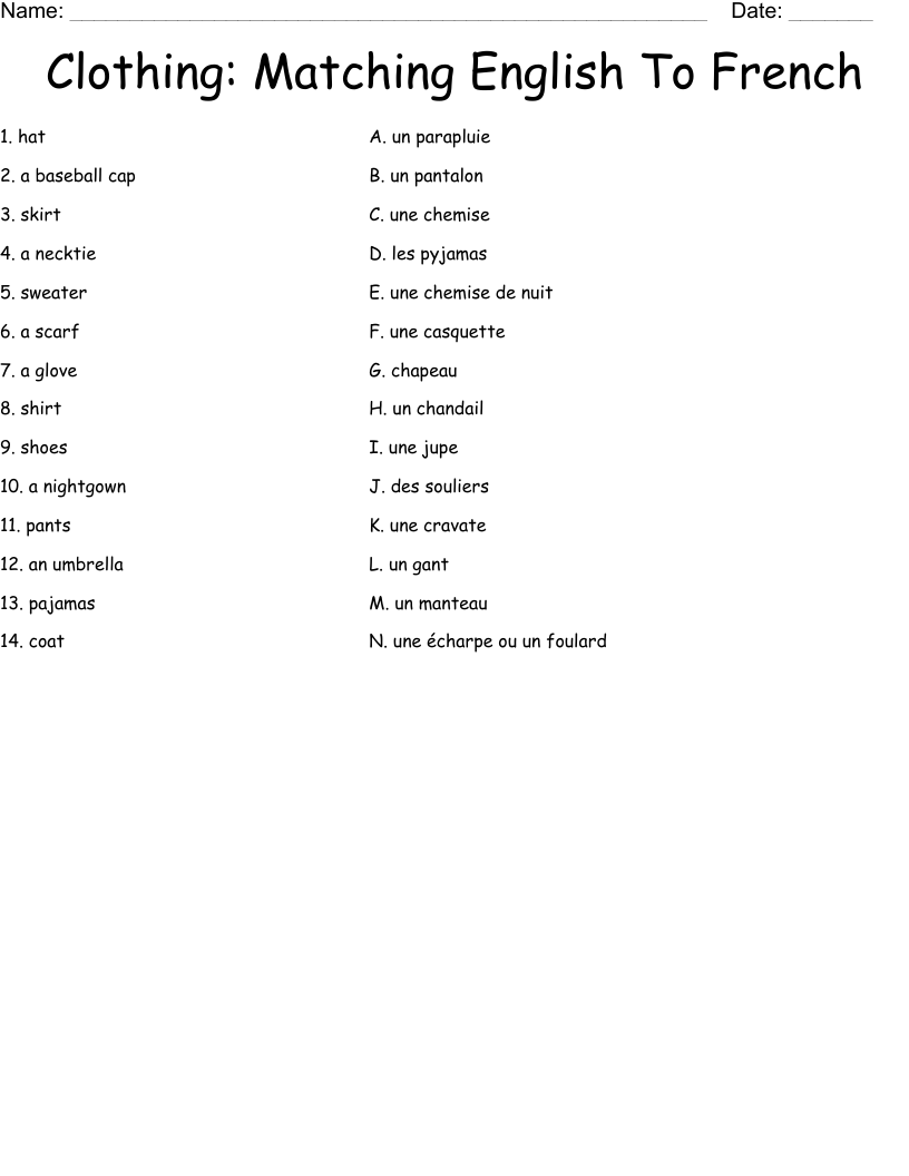 Clothing Matching English To French Worksheet WordMint