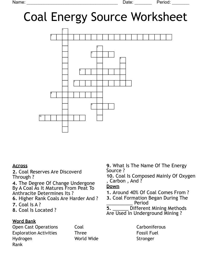 Coal Energy Source Worksheet Crossword WordMint
