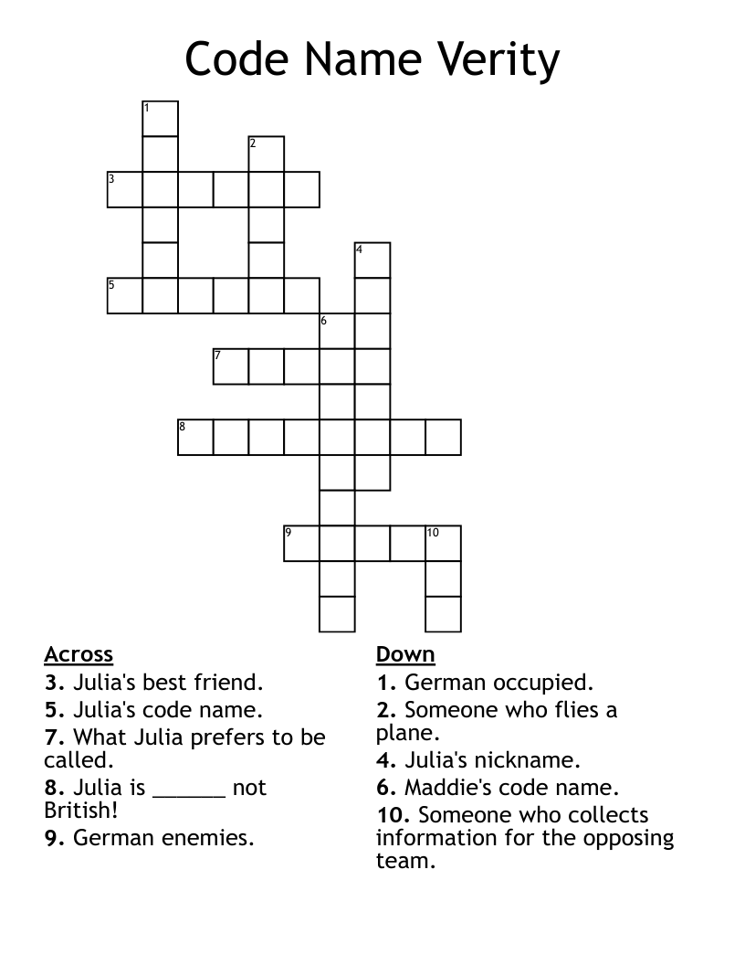 Code Name Verity Crossword WordMint