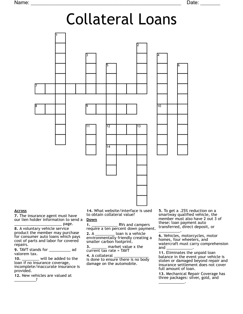 Collateral Loans Crossword WordMint