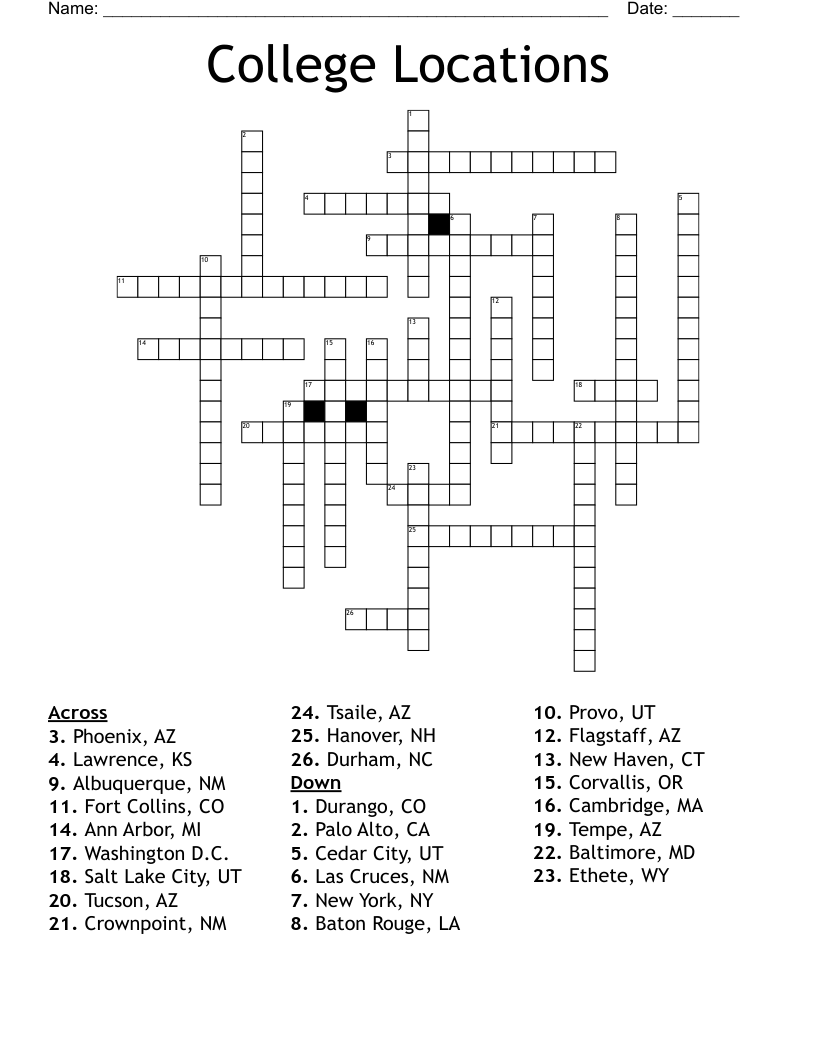 College Locations Crossword WordMint