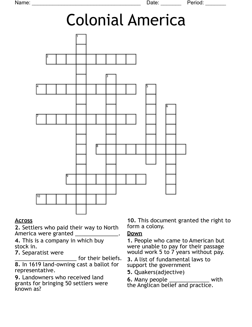 Colonial America Crossword WordMint
