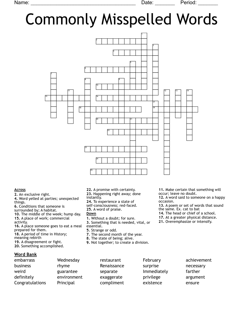 Commonly Misspelled Words Crossword WordMint