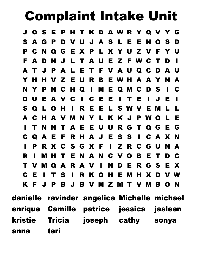 Complaint Intake Unit Word Search WordMint