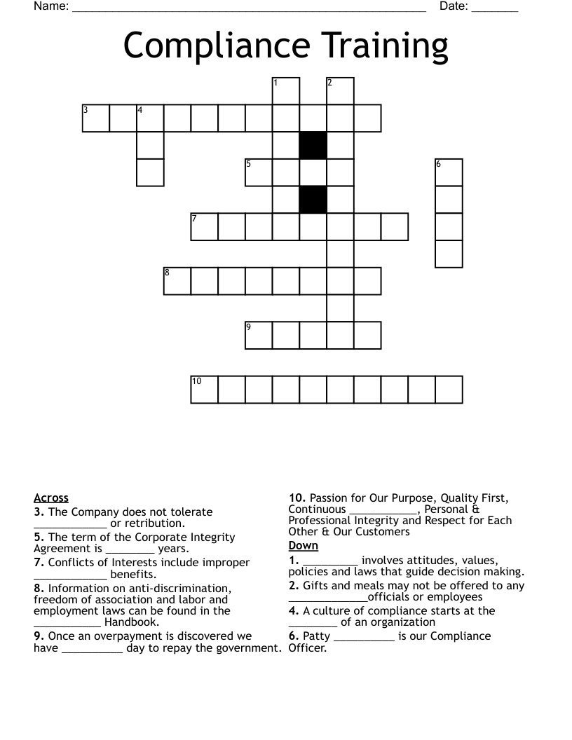 Compliance Training Crossword WordMint