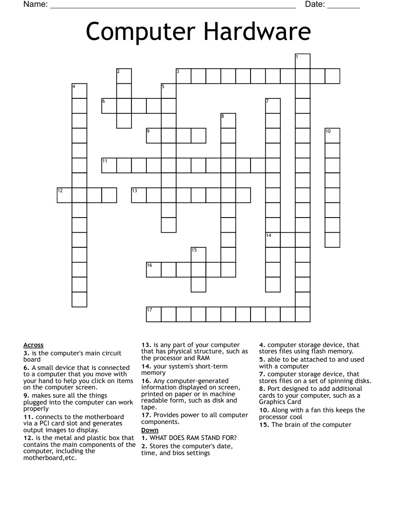 Computer Hardware Crosswords, Word Searches, Bingo Cards WordMint
