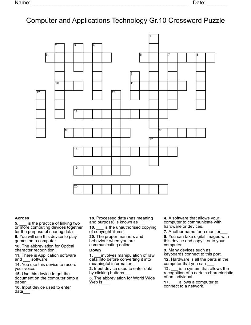 Computer and Applications Technology Gr.10 Crossword Puzzle WordMint