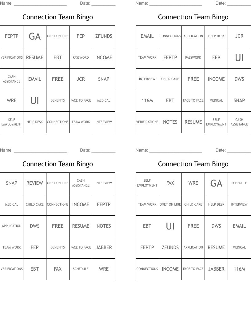 Connection Team Bingo WordMint