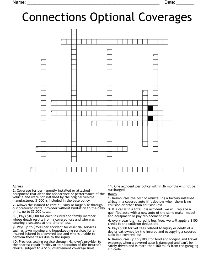 Connections Optional Coverages Crossword WordMint
