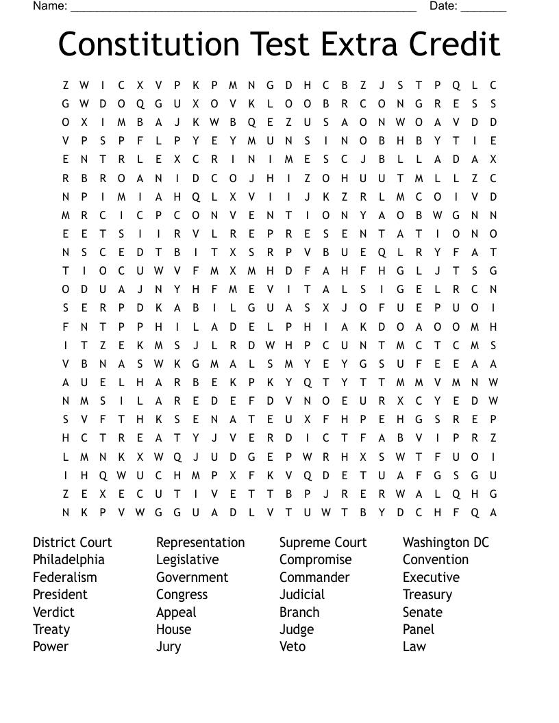 Constitution Test Extra Credit Word Search WordMint