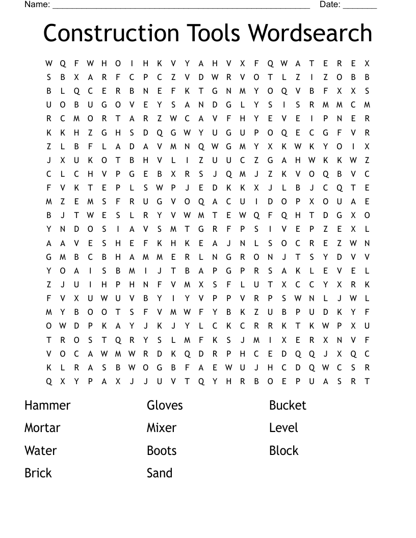 Construction Tools Wordsearch WordMint