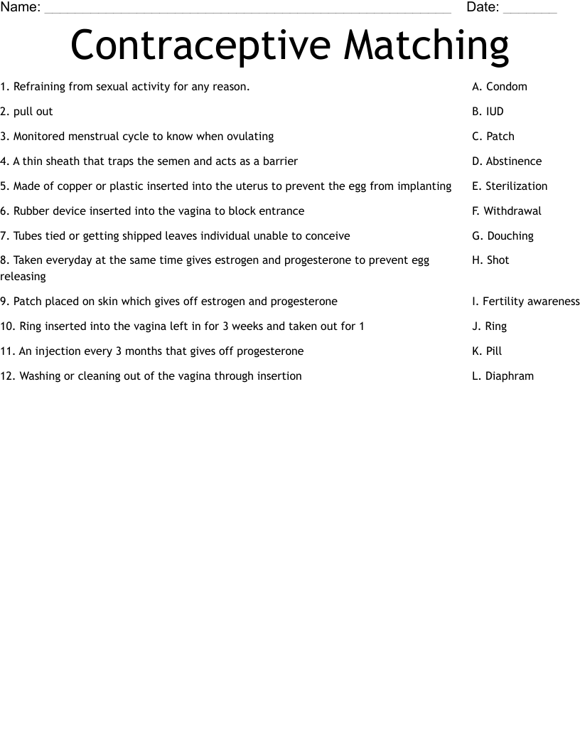 Contraceptive Matching Worksheet WordMint