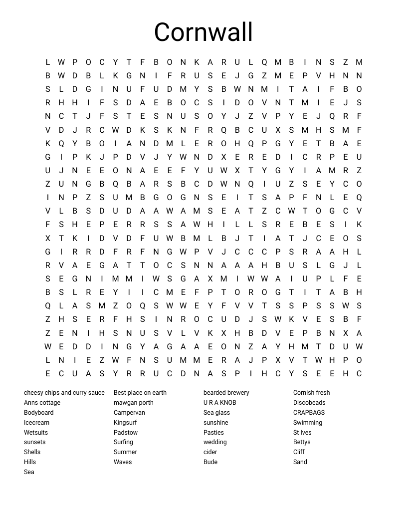 Cornwall Word Search WordMint