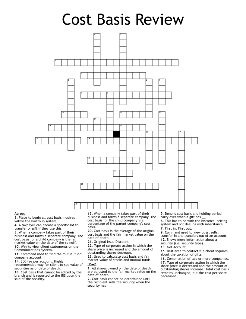 Cost Basis Review Crossword WordMint