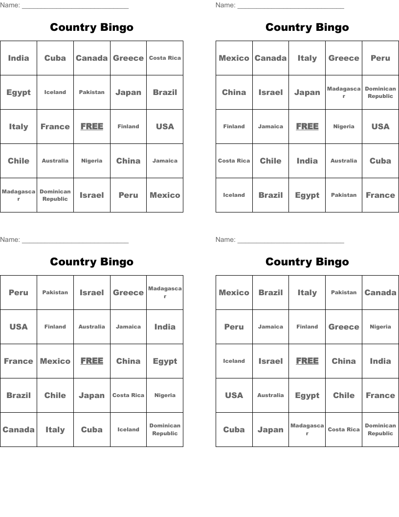 Country Bingo WordMint