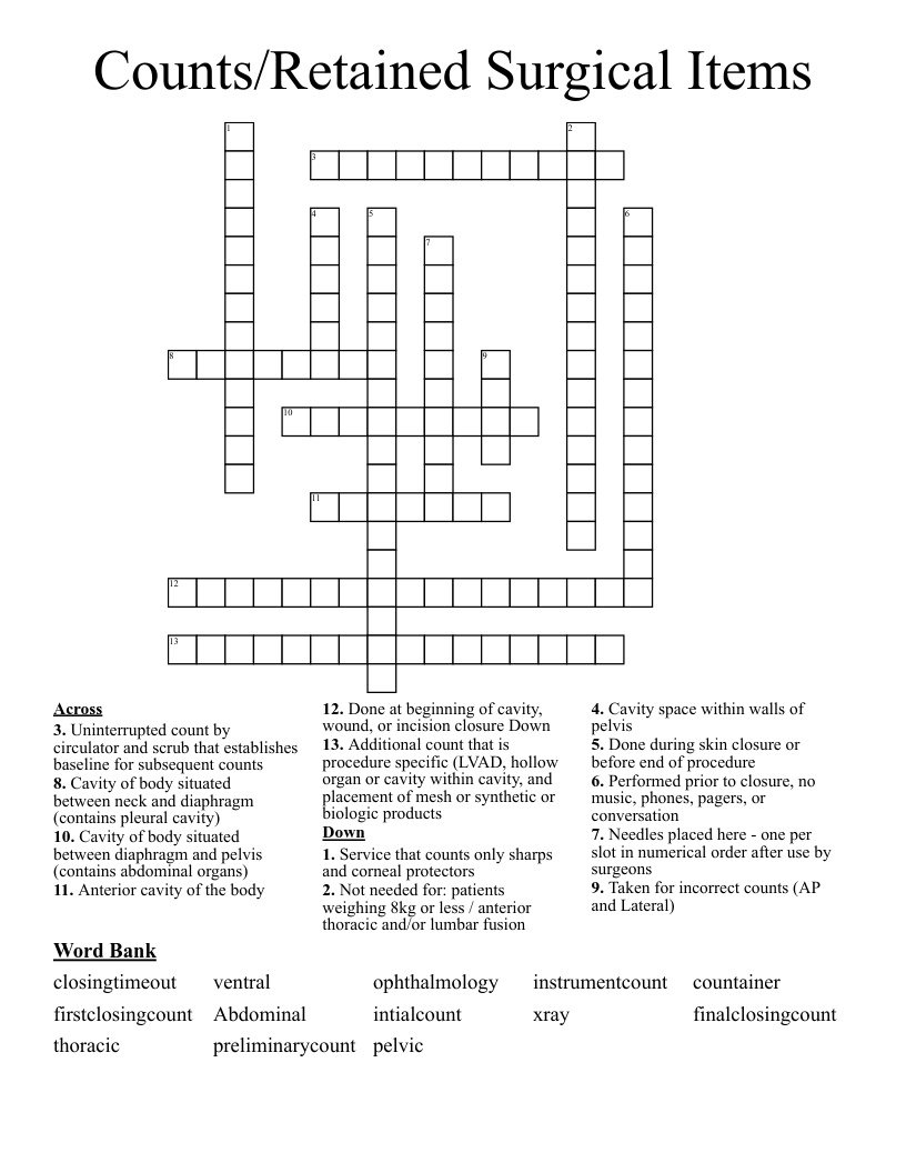Counts/Retained Surgical Items Crossword WordMint