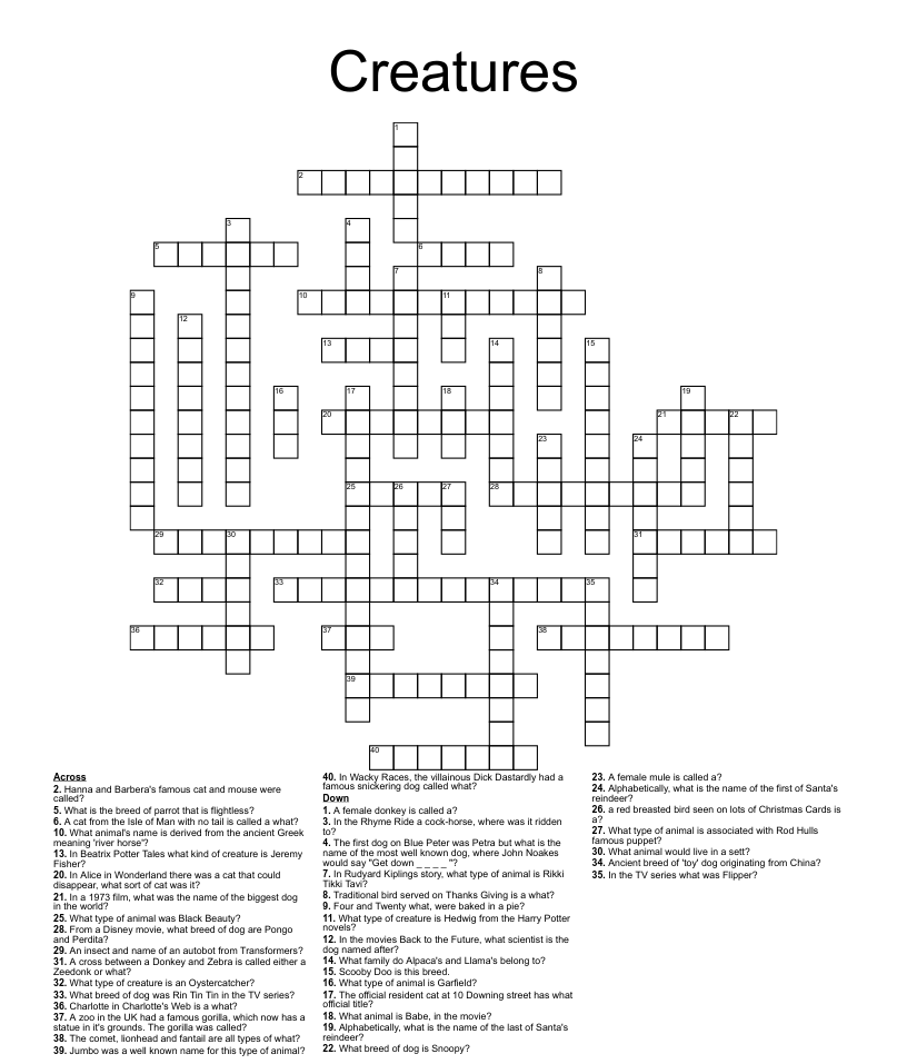 Creatures Crossword WordMint
