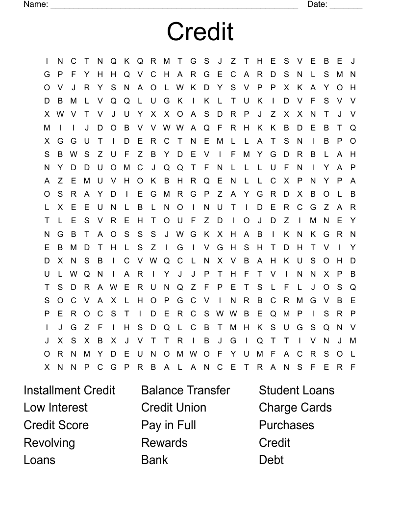 Credit & Lending Crosswords, Word Searches, Bingo Cards WordMint