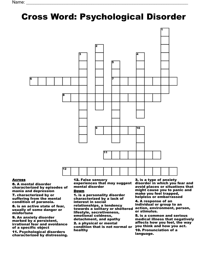 Cross Word Psychological Disorder WordMint