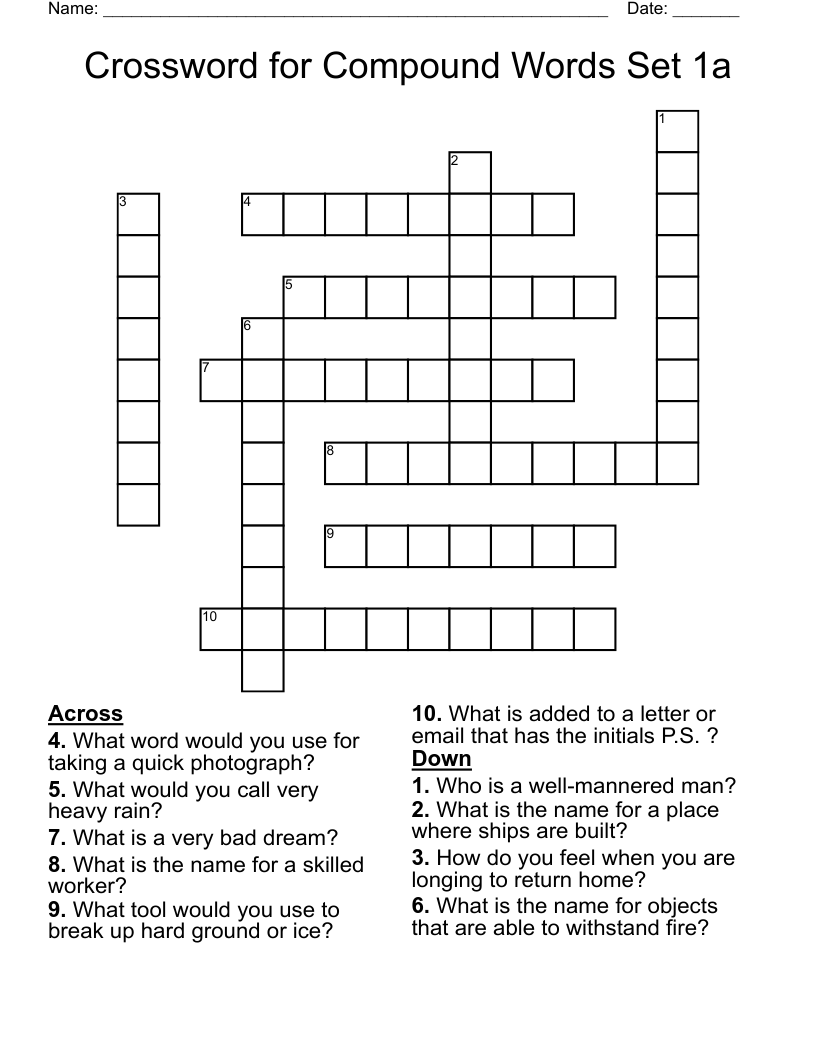 Crossword for Compound Words Set 1a WordMint