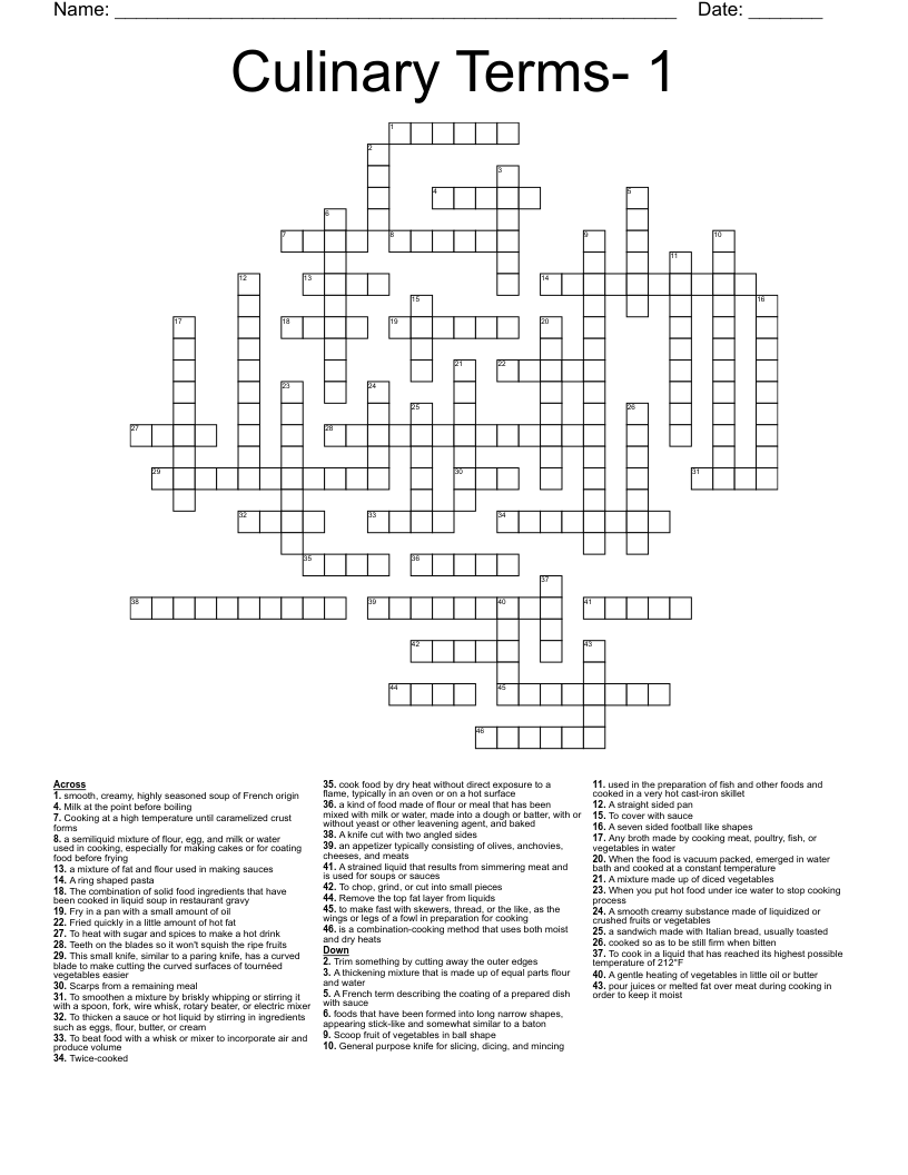 Basic Kitchen Utensils and Cooking Terms Crossword WordMint
