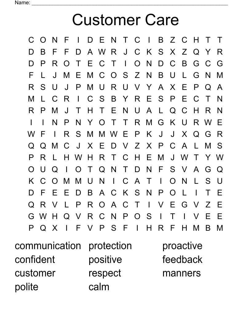 Customer Care Word Search - WordMint