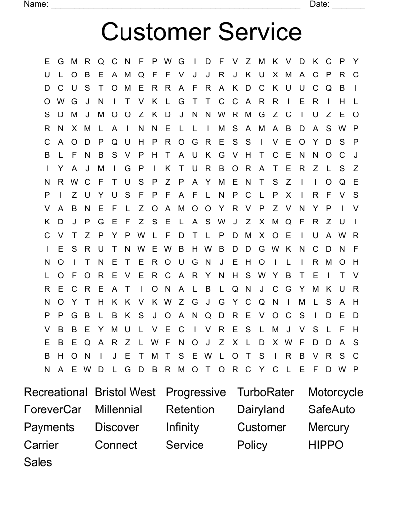 Customer Service Word Search - WordMint