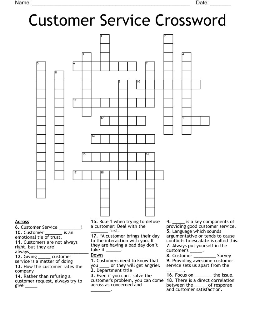 Customer Service Crossword - WordMint