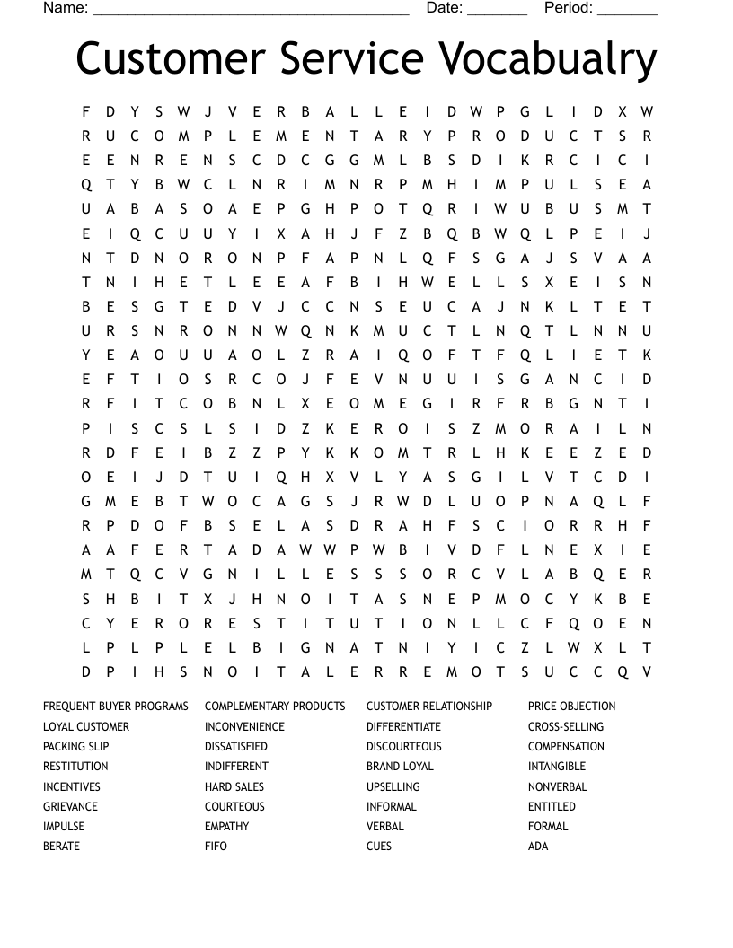 Customer Service Vocabualry Word Search - WordMint