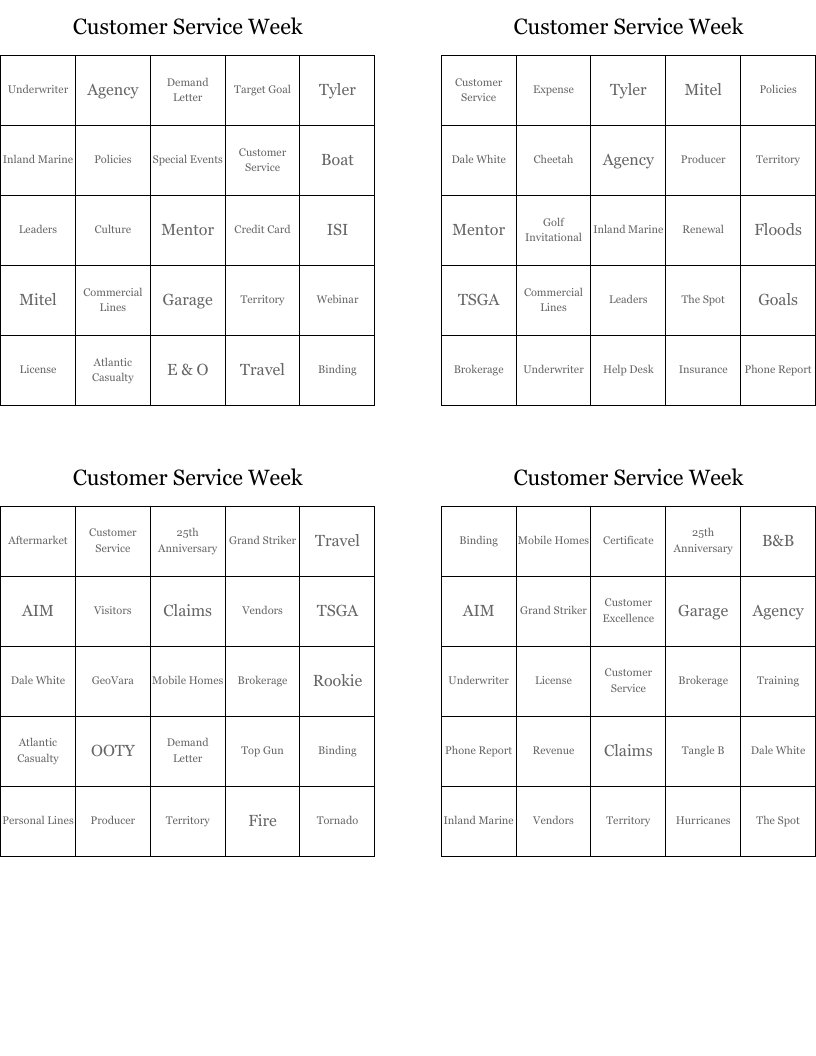 Customer Service Week Bingo Cards WordMint