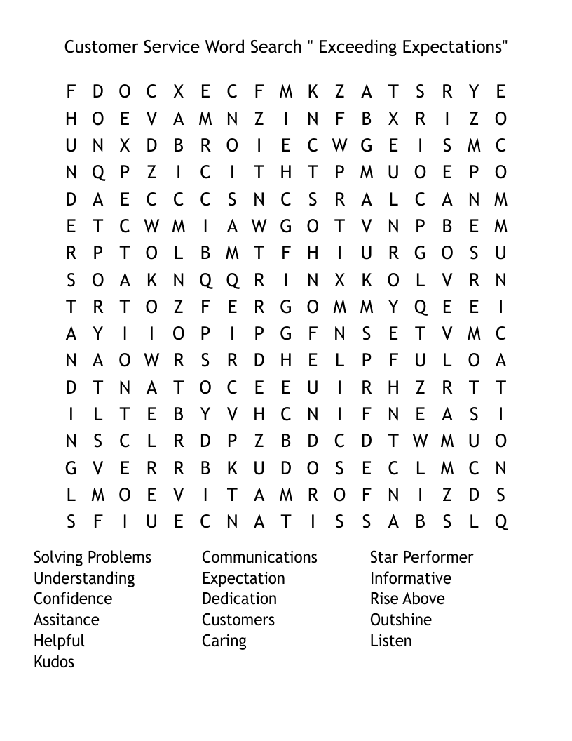 Customer Service Word Search " Exceeding Expectations" - WordMint