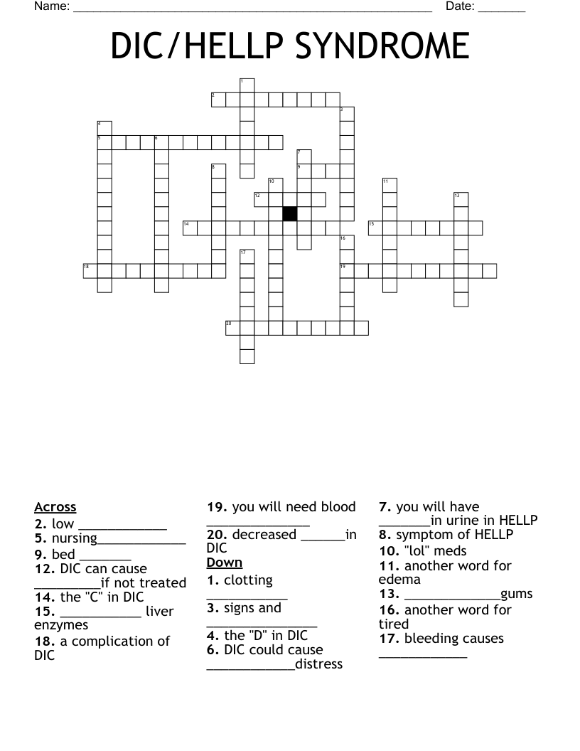 DIC/HELLP SYNDROME Crossword WordMint