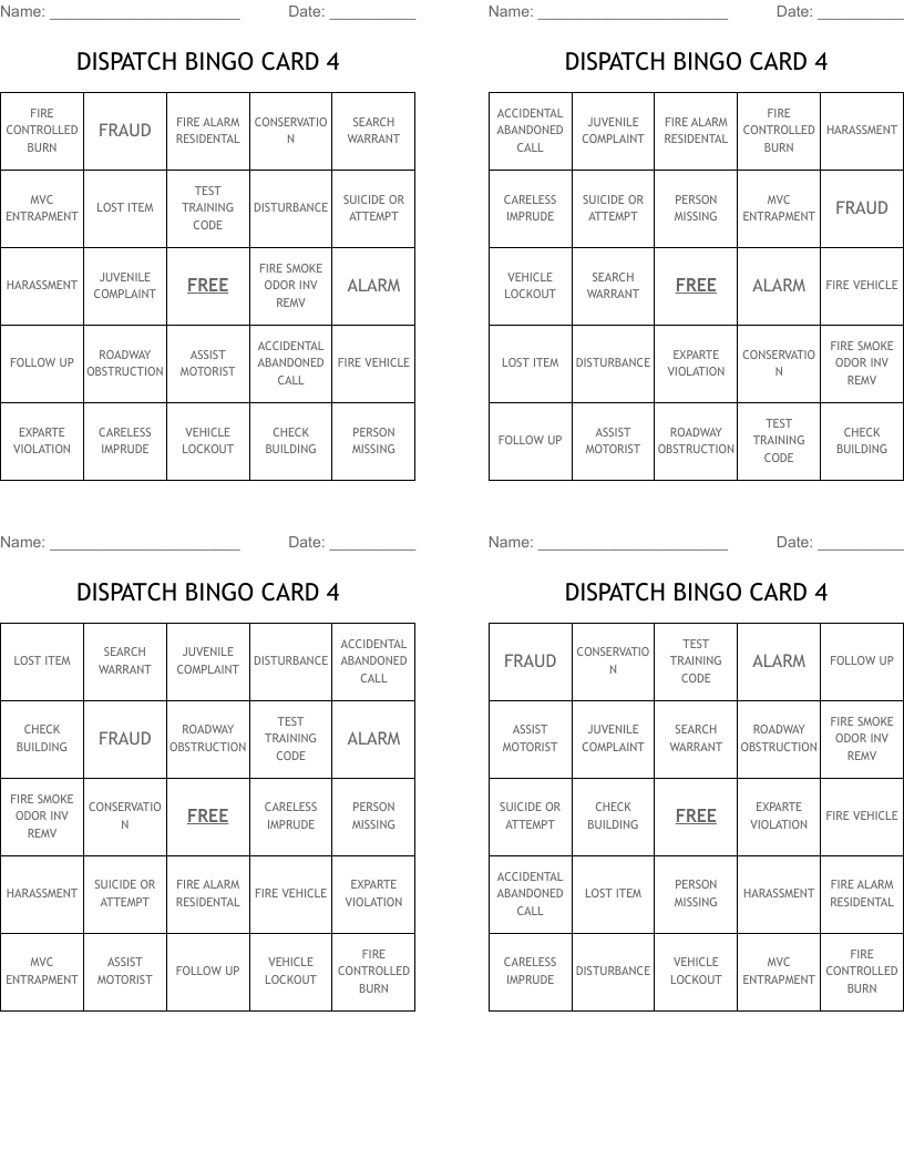 DISPATCH BINGO CARD 5 WordMint
