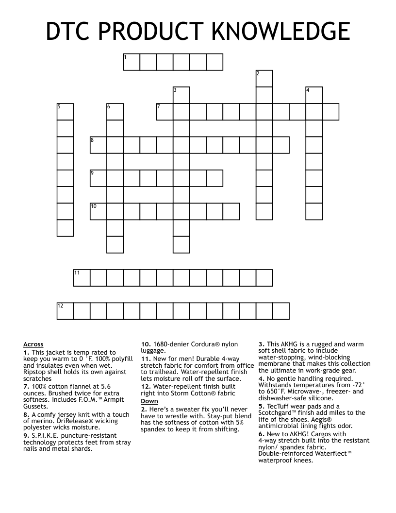 DTC PRODUCT KNOWLEDGE Crossword WordMint