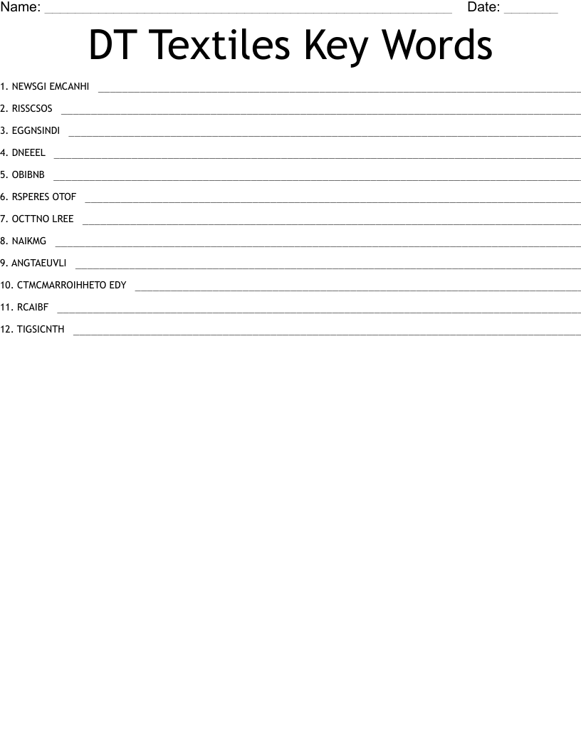 DT Textiles Key Words Word Scramble WordMint