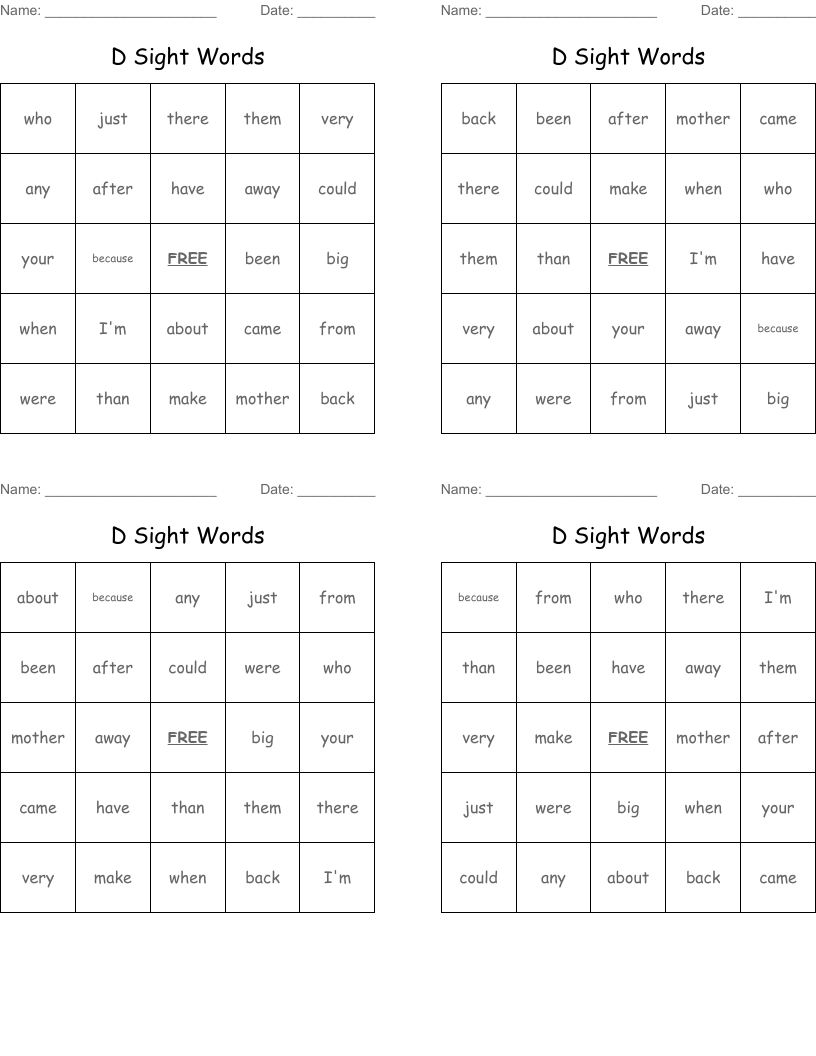 D Sight Words Bingo Cards - Wordmint