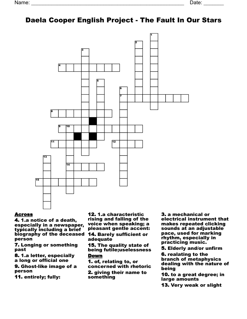 Daela Cooper English Project The Fault In Our Stars Crossword WordMint